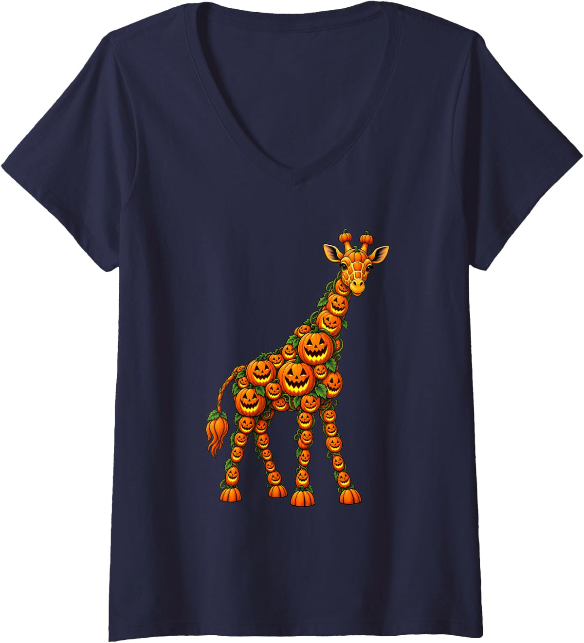 Women's Cute Giraffe Jack O Lantern Pumpkin Halloween V-Neck T-Shirt - Navy Blue