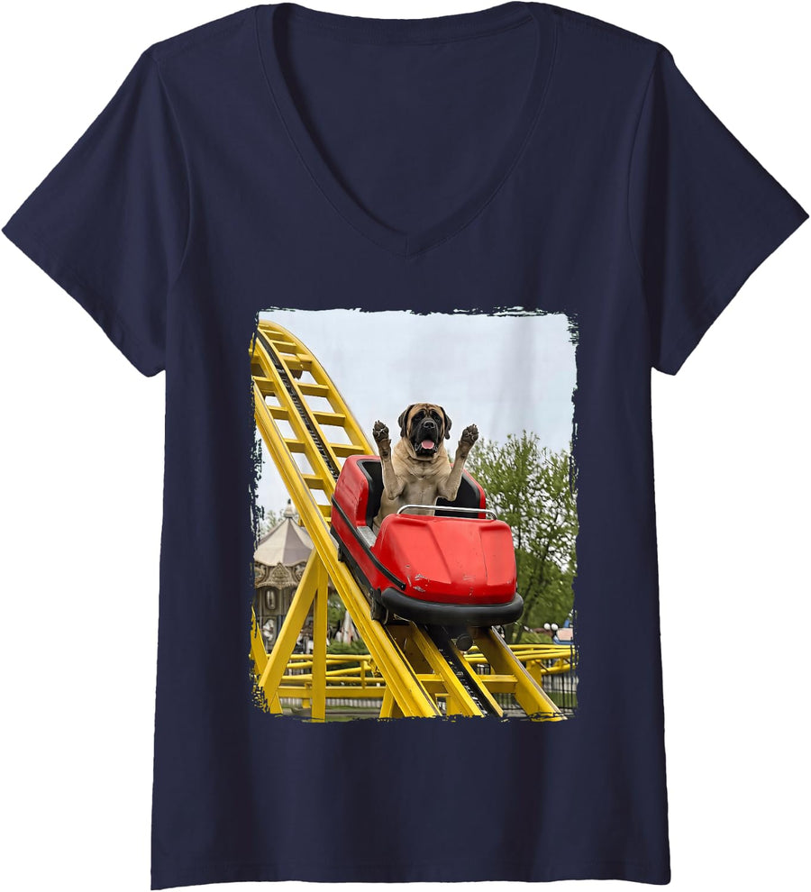 Women's English Mastiff Rollercoaster V-Neck T-Shirt - Navy Blue
