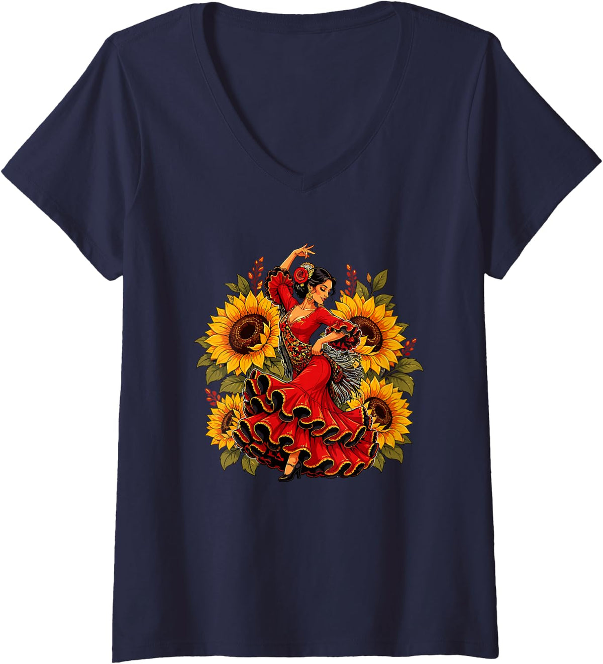Women's Andalusian Flamenco Woman Sunflower Dance V-Neck T-Shirt - Navy Blue