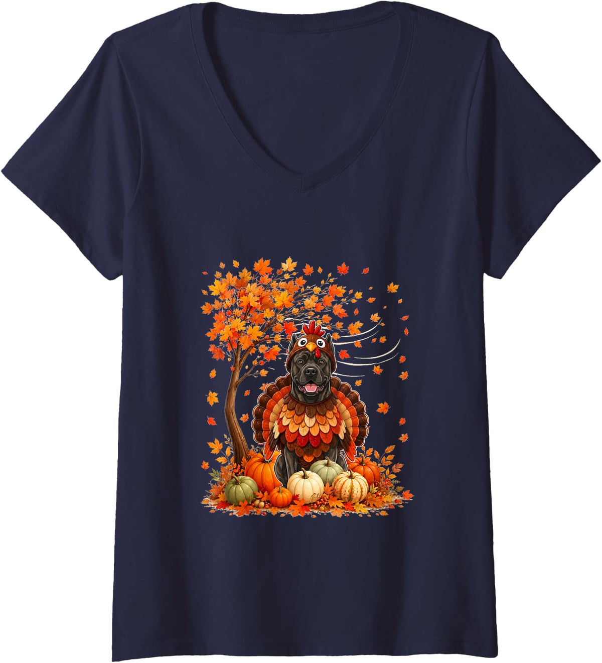 Women's Cane Corso Cosplay Turkey Fall Tree Pumpkins Thanksgiving V-Neck T-Shirt - Navy Blue