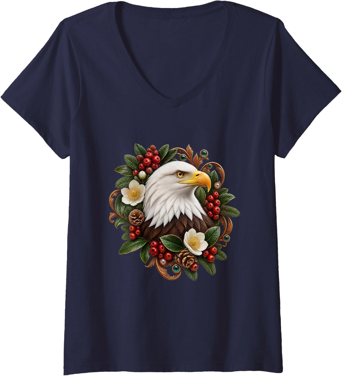Women's Bald Eagle with Winter Berries V-Neck T-Shirt - Navy Blue