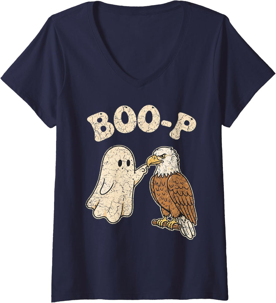 Women's Funny Bald Eagle Boo-P Ghost for Family Halloween V-Neck T-Shirt - Navy Blue