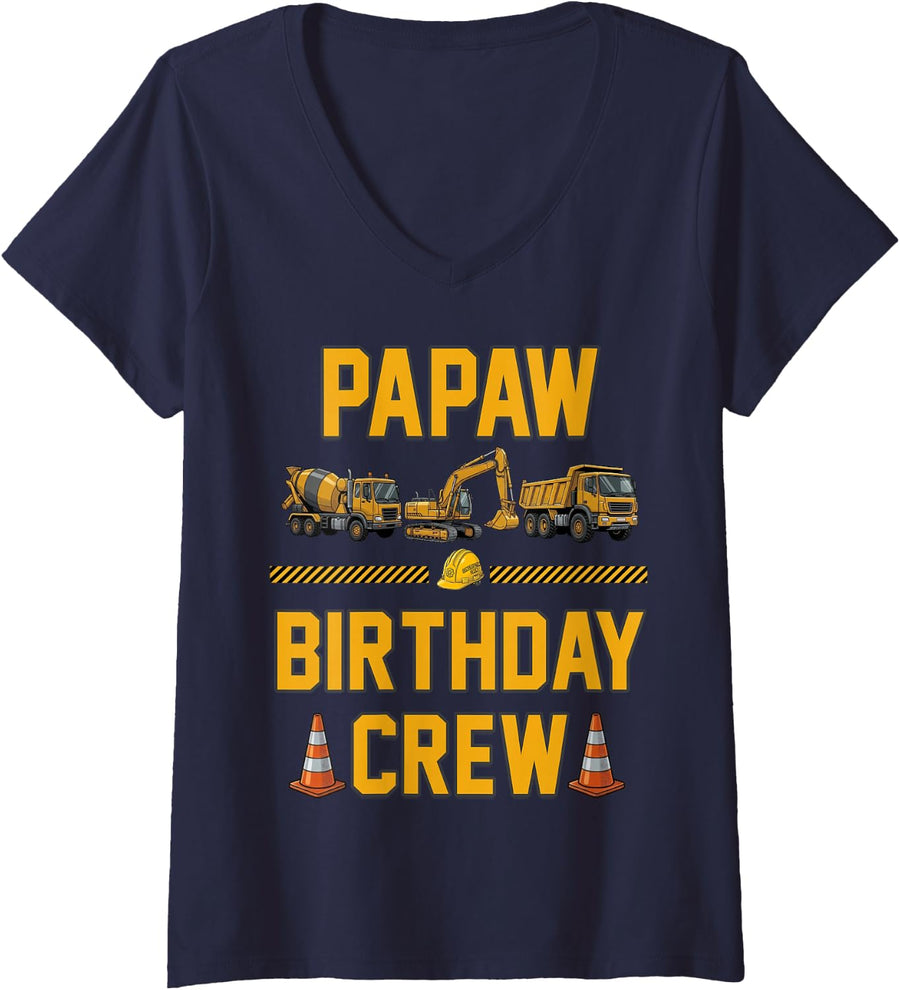Women's Truck Excavator Papaw Birthday Crew Famil Boy Girl V-Neck T-Shirt - Navy Blue