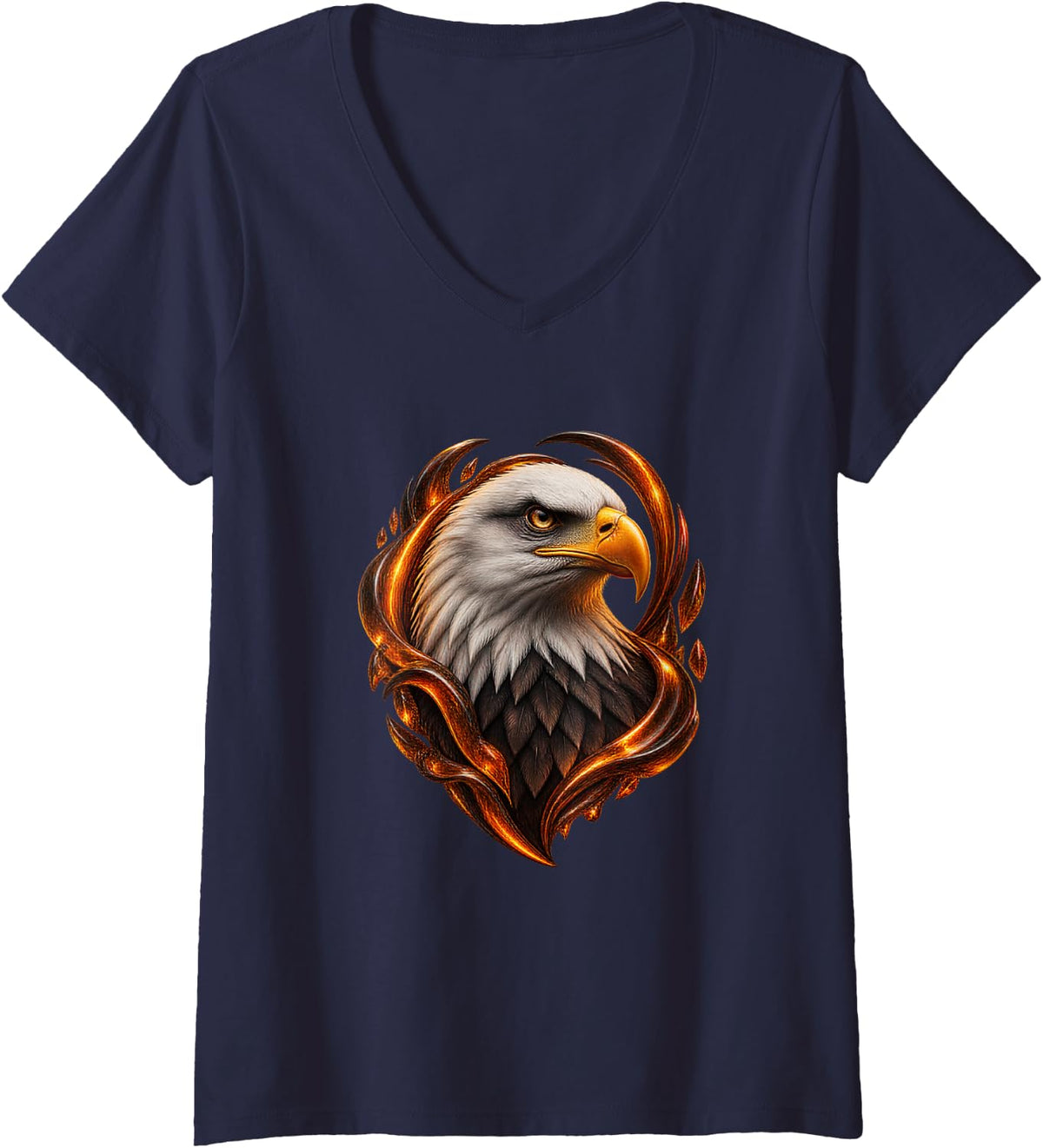 Women's Bald Eagle with Orange Flowing Arches V-Neck T-Shirt - Navy Blue