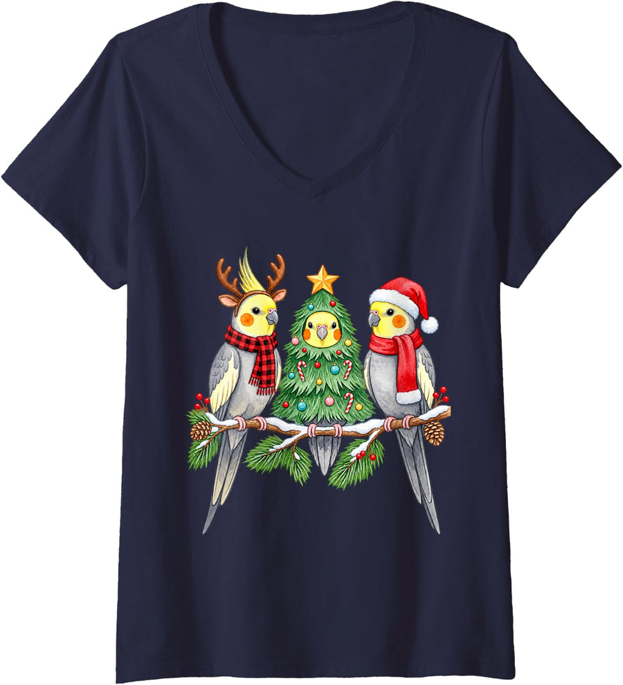 Women's Cockatiel Weiro Quarrion Bird Lovers Cute Christmas Xmas V-Neck T-Shirt - Navy Blue