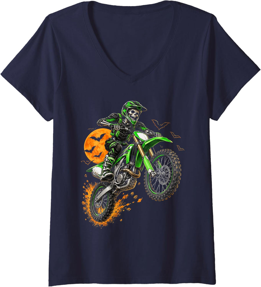 Women's Skeleton Dirt Bike Rider Halloween Costume Motocross Biker V-Neck T-Shirt - Navy Blue