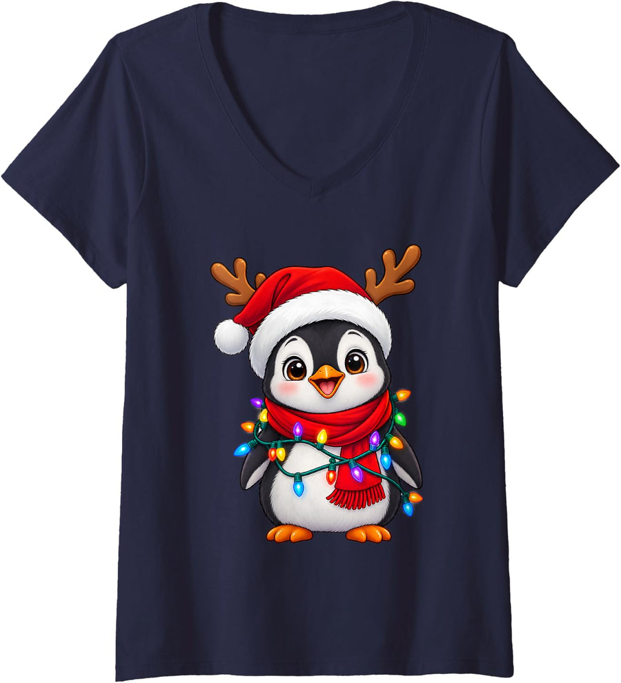 Women's Cute Penguin Christmas Reindeer Santa Hat Lights Holiday Xma V-Neck T-Shirt - Navy Blue