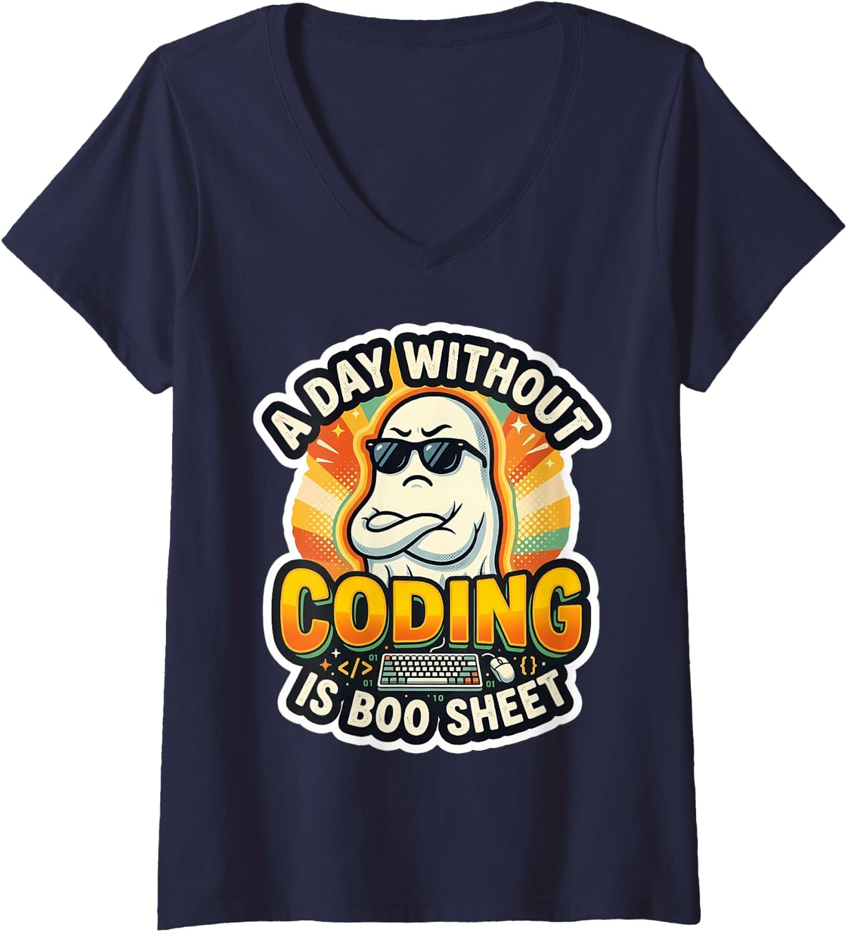 Women's A Day Without Coding is Boo Sheet Ghost Programmer Coder Pun V-Neck T-Shirt - Navy Blue