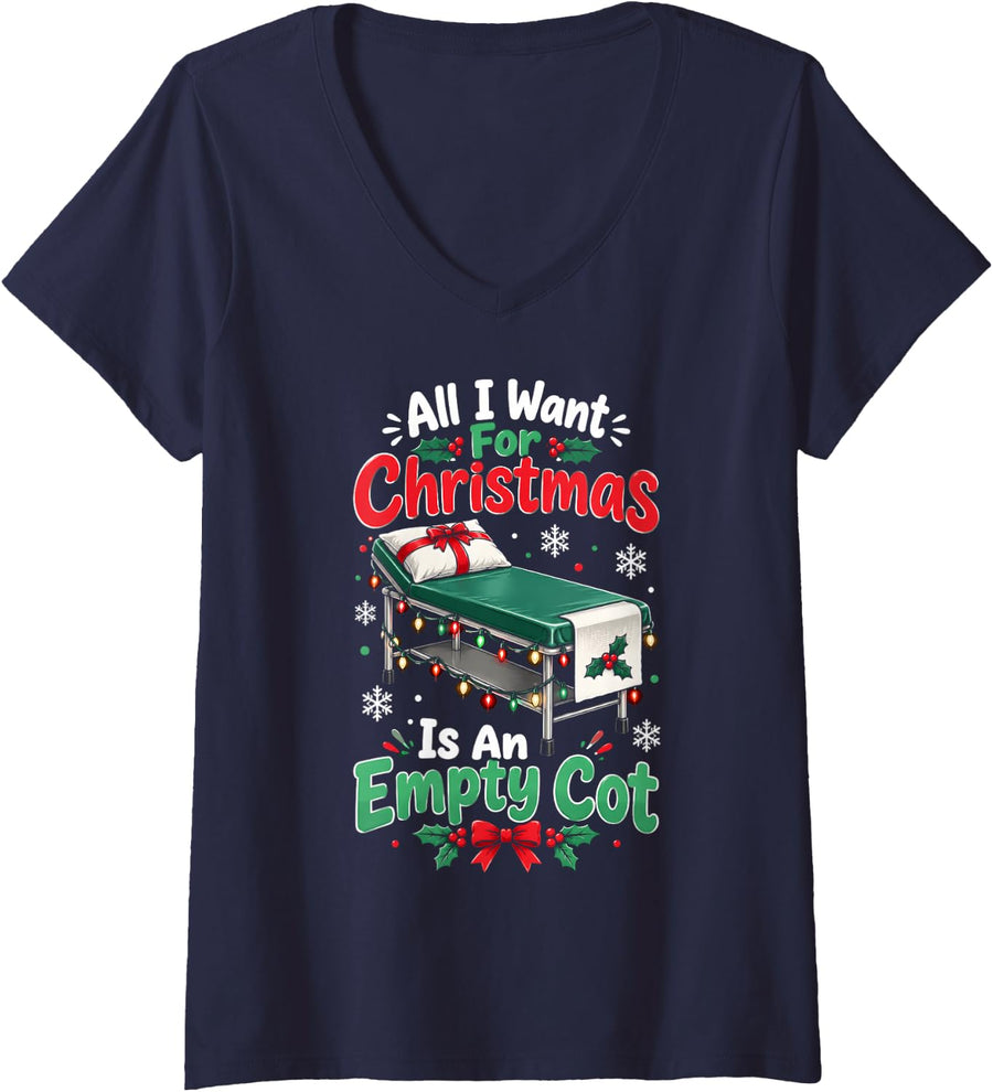 Women's Empty Cot School Nurse Christmas Funny Holiday V-Neck T-Shirt - Navy Blue