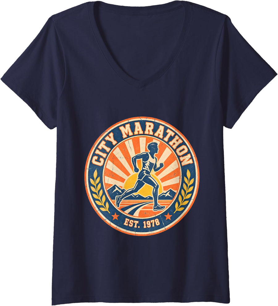 Women's City Marathon Vintage Running Enthusiast Fitness Motivation V-Neck T-Shirt - Navy Blue