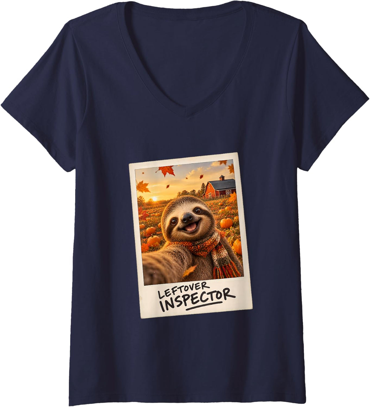 Women's Leftover Inspector Sloth Selfie Thanksgiving V-Neck T-Shirt - Navy Blue