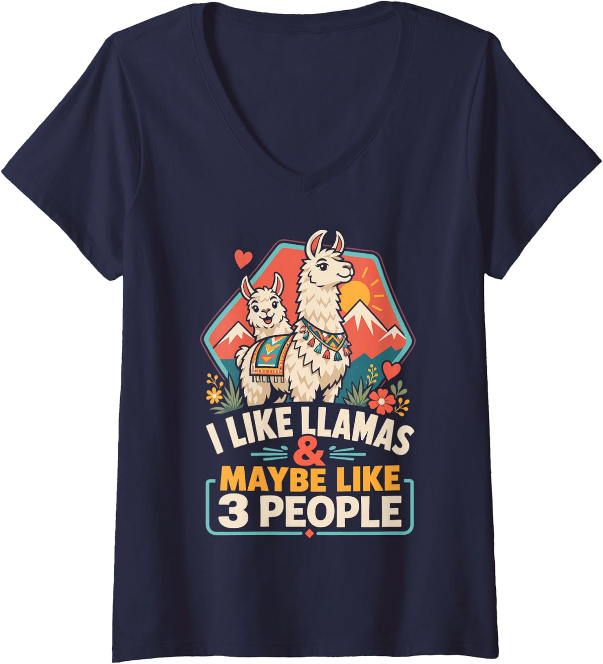 Women's I Like Llamas & Maybe Like 3 People V-Neck T-Shirt - Navy Blue