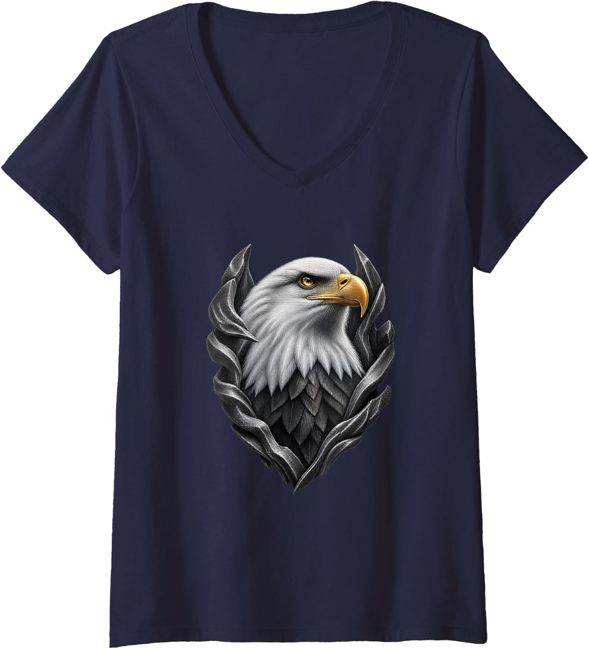 Women's Bald Eagle with Gray Folded Ridges V-Neck T-Shirt - Navy Blue