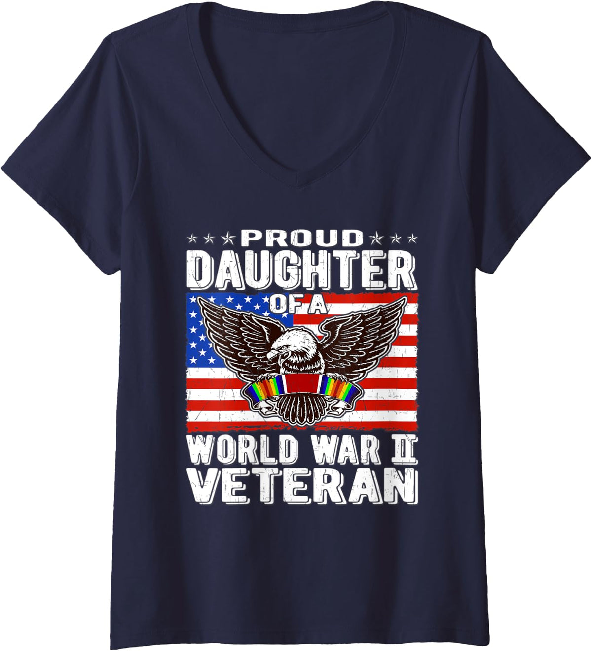 Womens Proud Daughter Of A World War 2 Veteran Patriotic WW2 Child V-Neck T-Shirt - Navy Blue