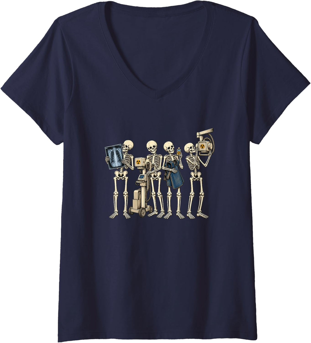 Women's Skeleton Radiology Tech Halloween Spooky Technologist Fall V-Neck T-Shirt - Navy Blue