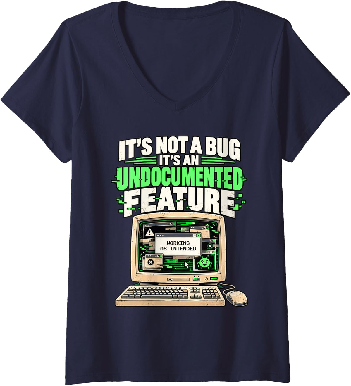 Women's Funny Coding Dad It's Not A Bug It's an Undocumented Feature V-Neck T-Shirt - Navy Blue