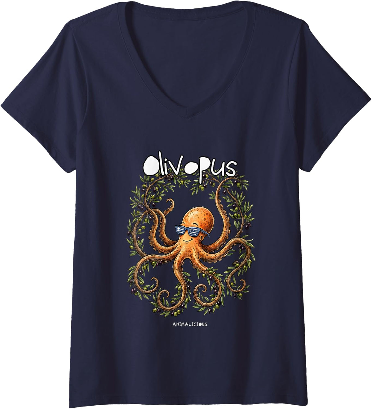 Women's Funny Octopus and Olive from Greece V-Neck T-Shirt - Navy Blue