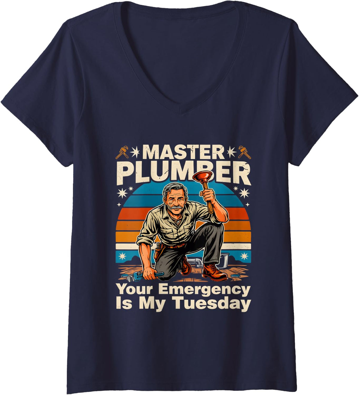 Women's Master Plumber Your Emergency is My Tuesday V-Neck T-Shirt - Navy Blue