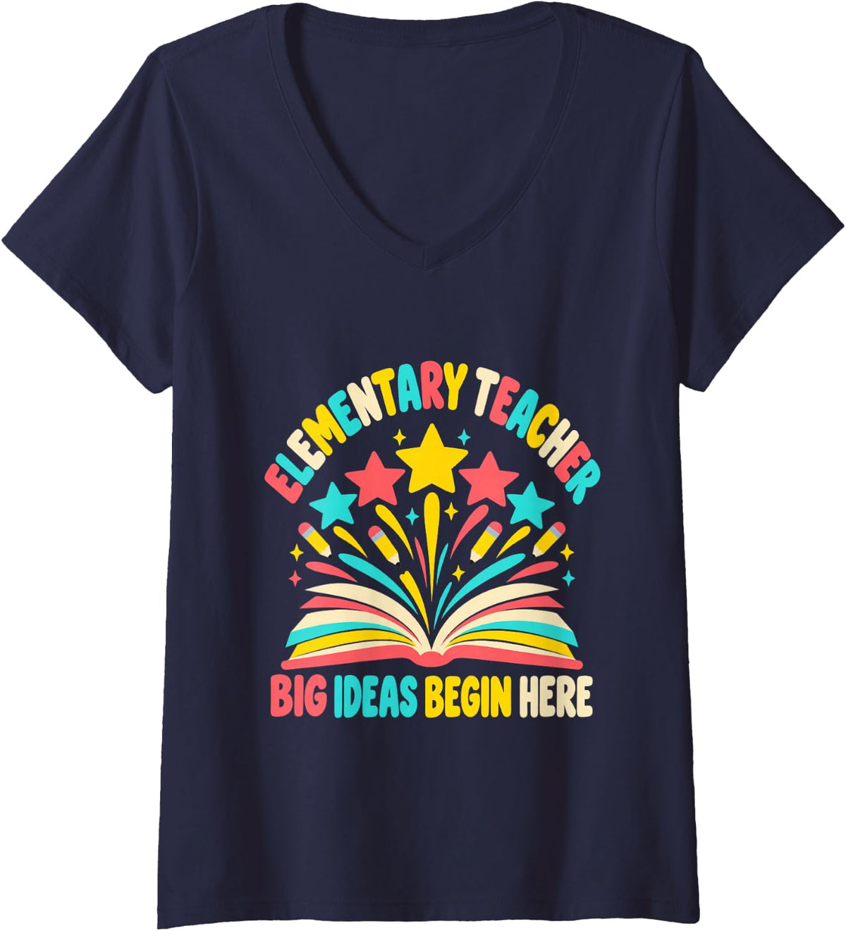 Women's Elementary Teacher Big Ideas Begin Here Open Book Pencils V-Neck T-Shirt - Navy Blue