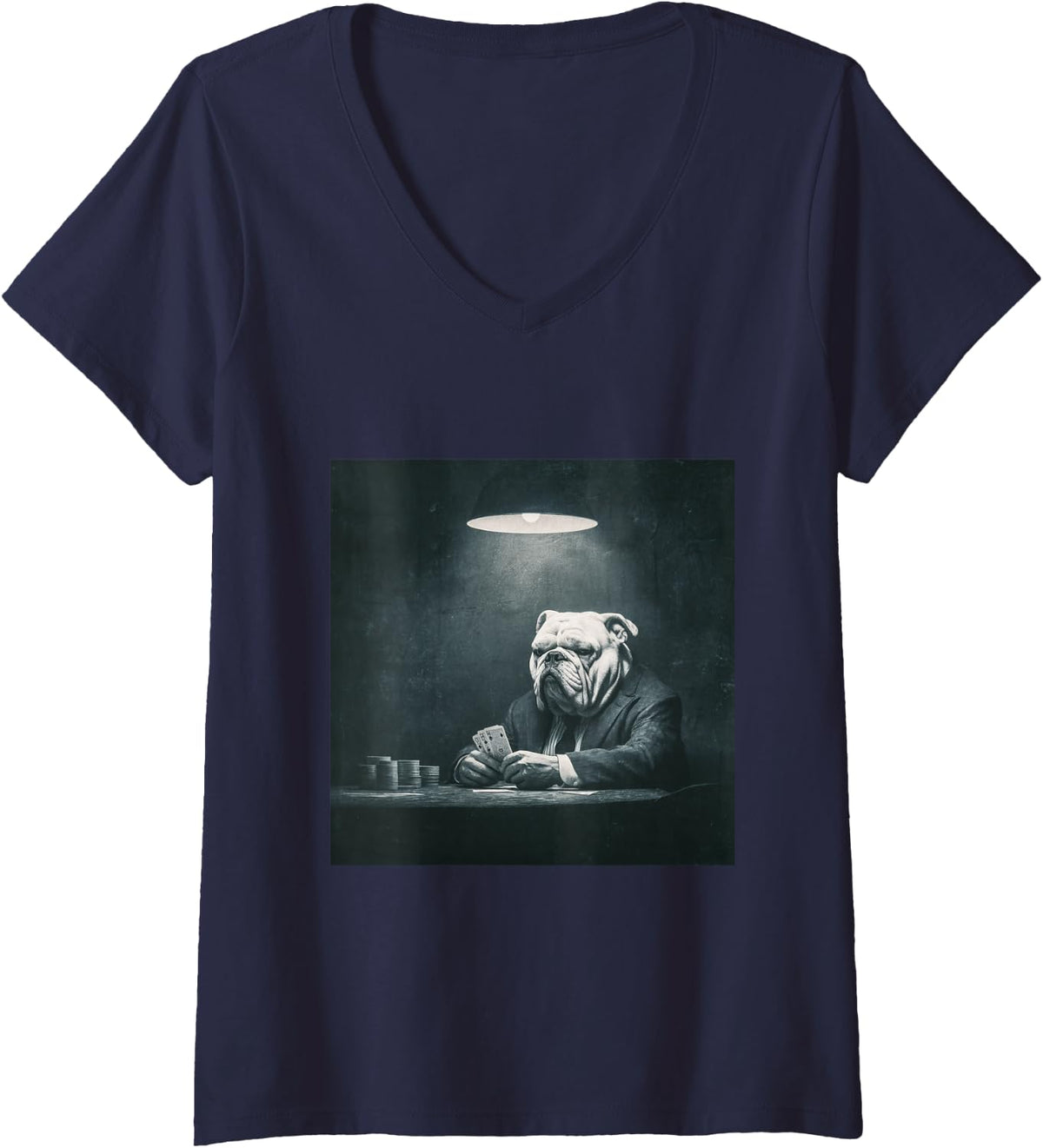 Women's Bulldog Poker Player Noir Gambling Cards V-Neck T-Shirt - Navy Blue