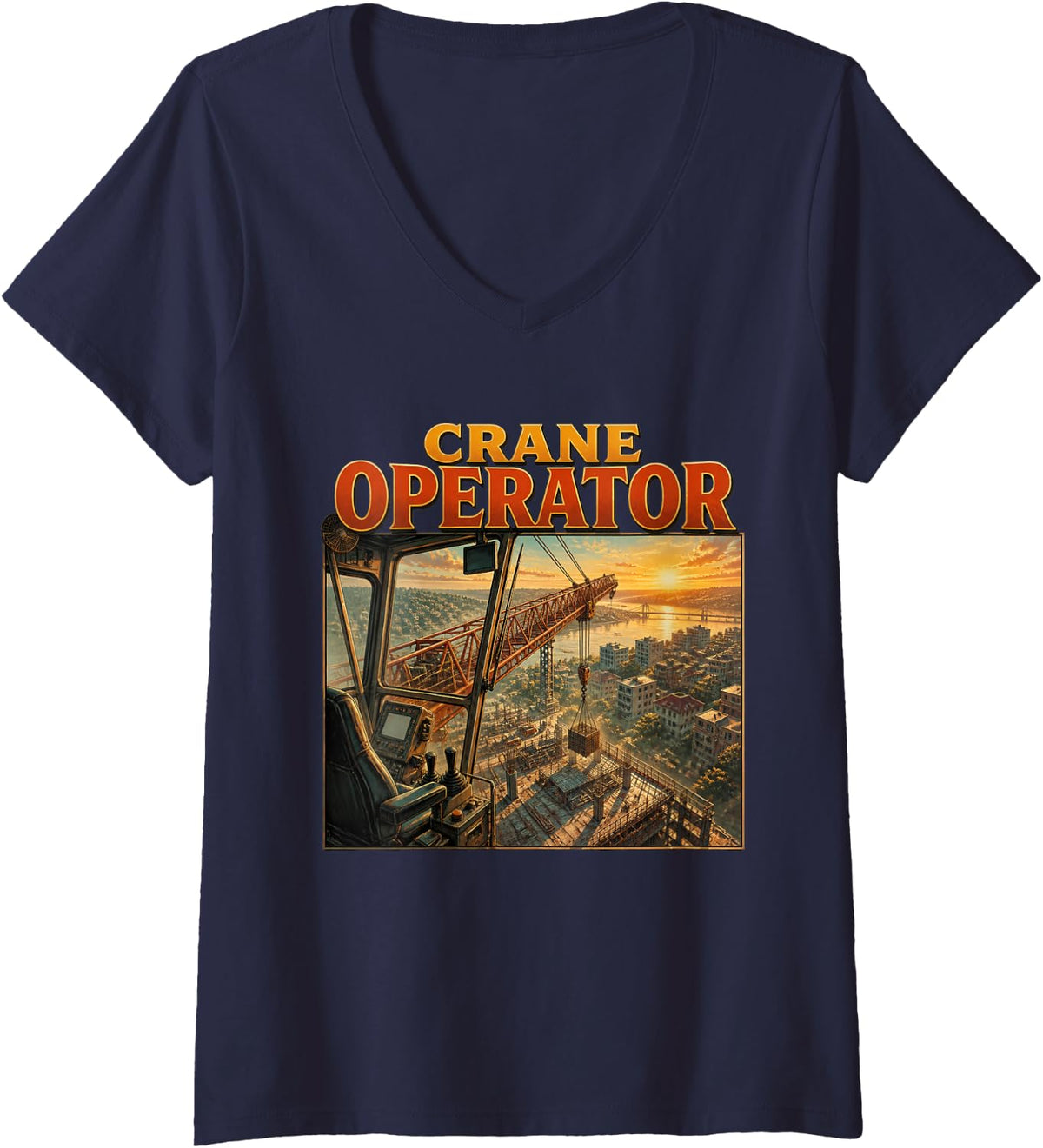 Women's Crane Operator Tower Crane Graphic Construction V-Neck T-Shirt - Navy Blue