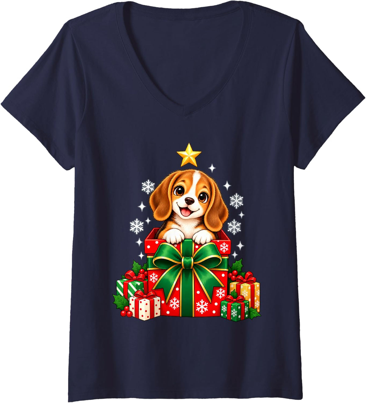 Women's Playful Beagle Christmas Box Holiday Graphic V-Neck T-Shirt - Navy Blue