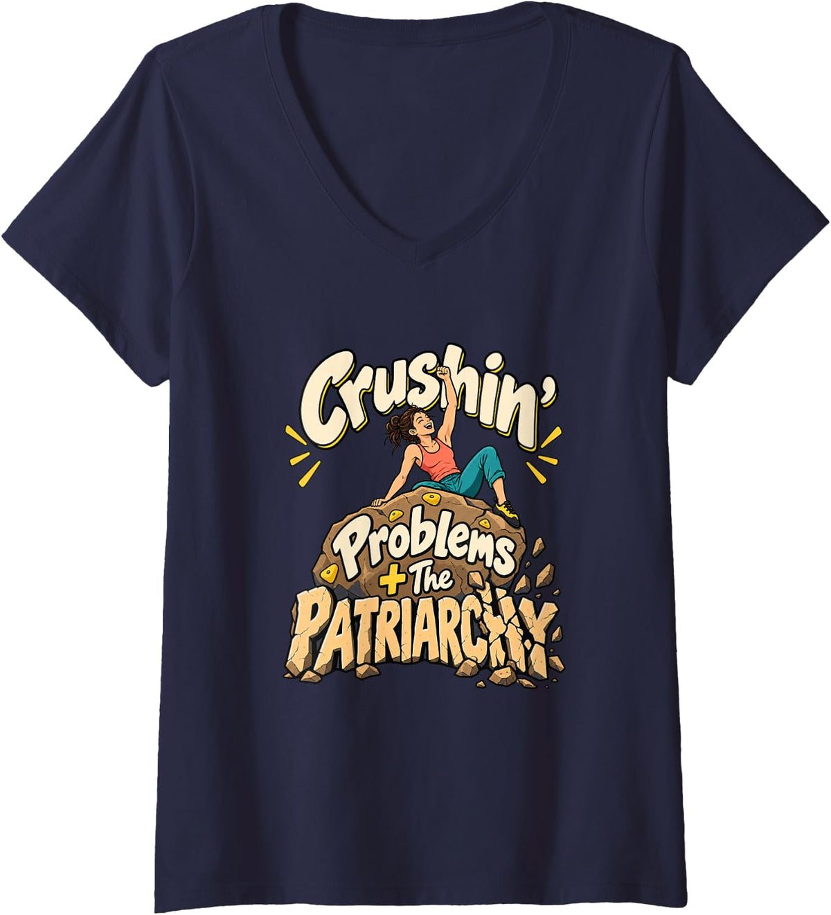 Women's Women's Rock Climbing Crushin Problems Patriarchy V-Neck T-Shirt - Navy Blue