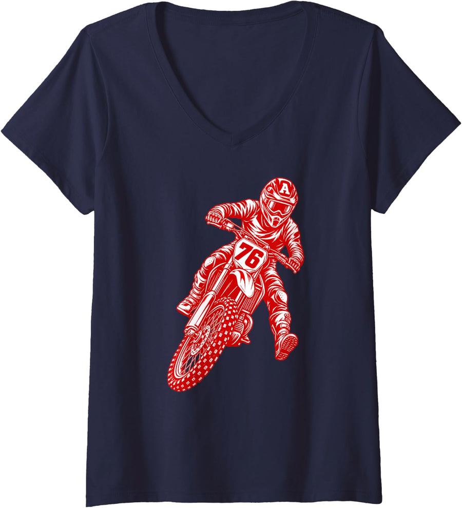 Women's A 76 Motocross Motorcycle Racing Rider V-Neck T-Shirt - Navy Blue