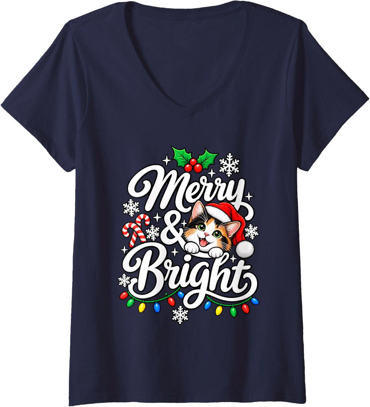 Women's Calico Cat Merry Bright Christmas Xmas Santa Hat Mom Dad V-Neck T-Shirt - Navy Blue