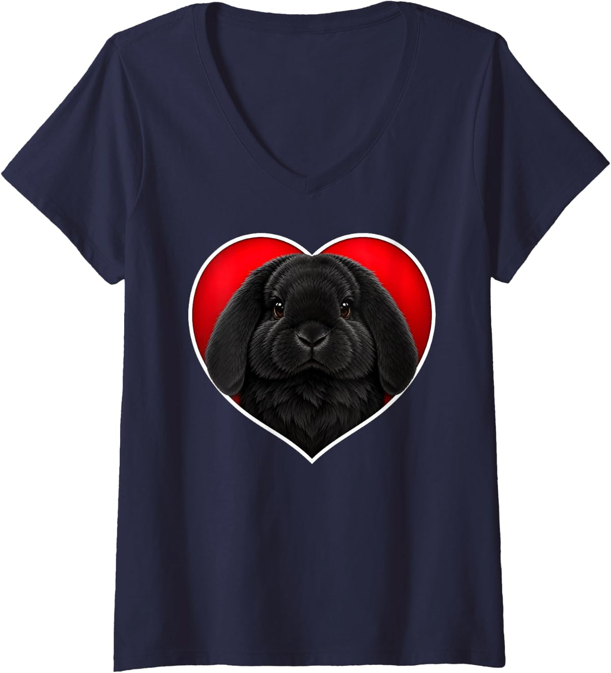 Women's Black Holland Lop Heart Cute Rabbit V-Neck T-Shirt - Navy Blue