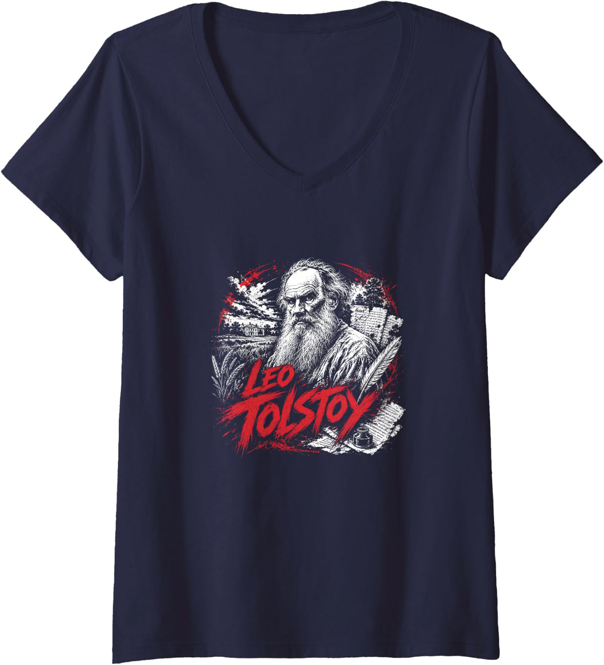 Women's Writer Leo Tolstoy Wisdom Russian Literature V-Neck T-Shirt - Navy Blue