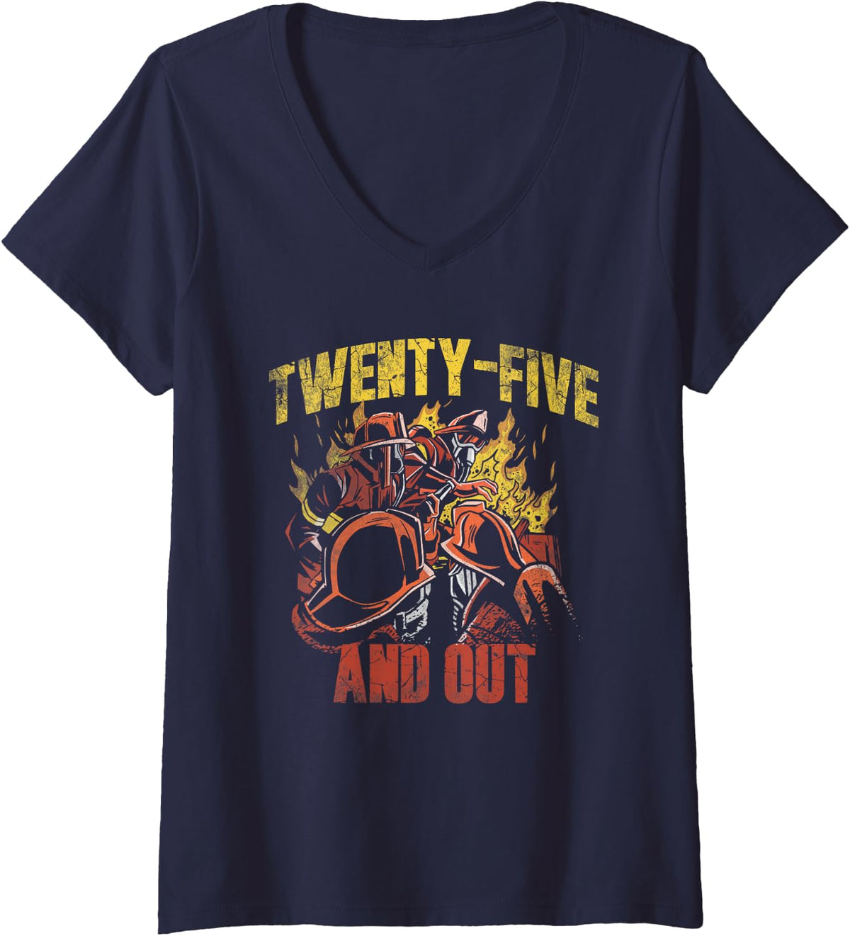 Women's Twenty-Five and Out Retired Firefighter Fireman Fire Dept V-Neck T-Shirt - Navy Blue