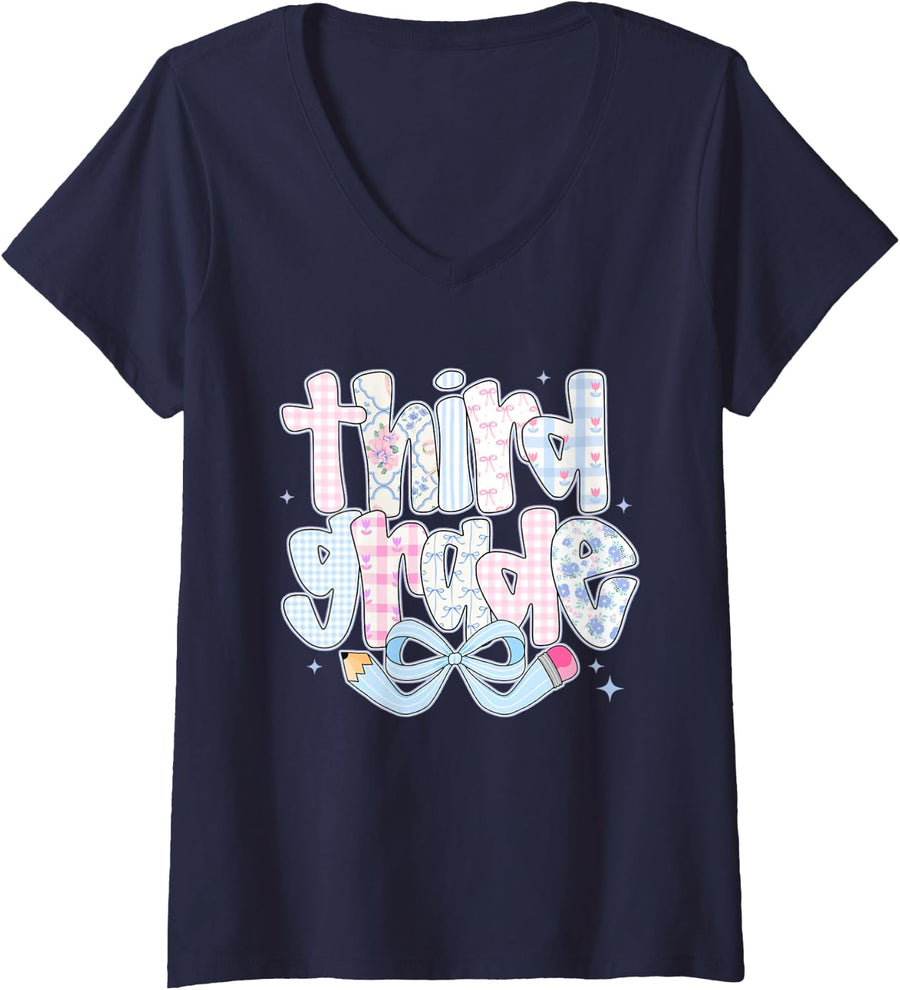 Women's Retro Preppy Third Grade Teacher Team Girly Coquette Pencil V-Neck T-Shirt - Navy Blue