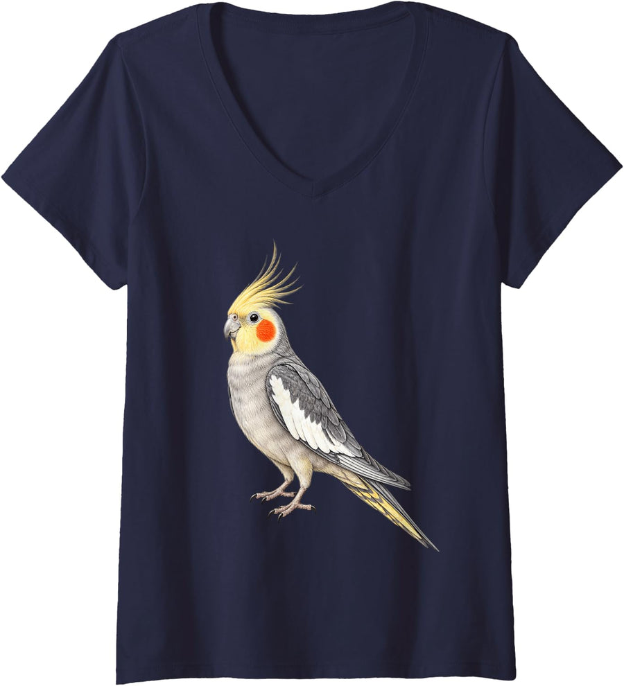 Women's Realistic Cockatiel V-Neck T-Shirt - Navy Blue