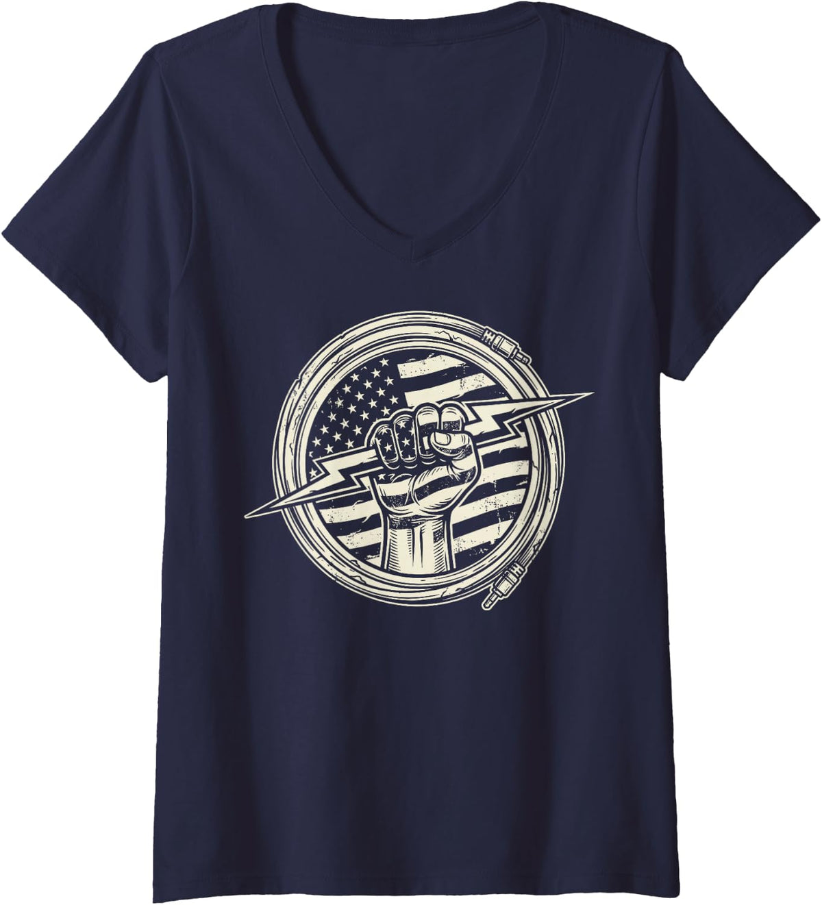 Women's American US Flag Electrician Lightning Electrical Worker Tee V-Neck T-Shirt - Navy Blue