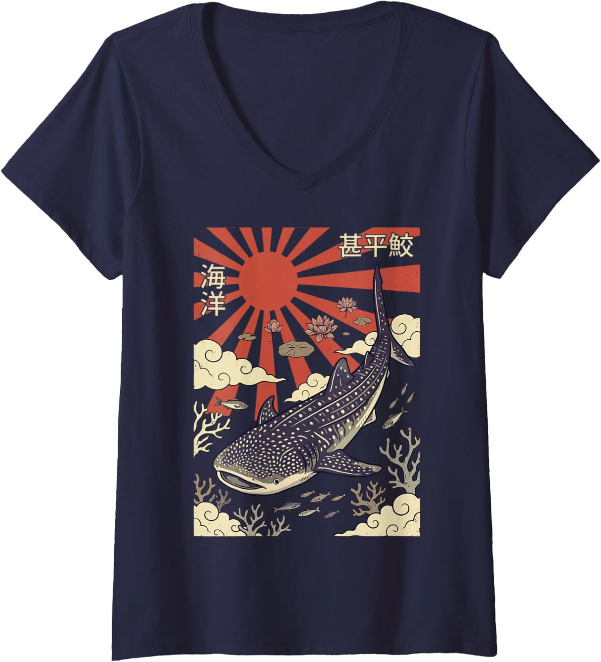 Women's Whale Shark Japanese Ocean V-Neck T-Shirt - Navy Blue