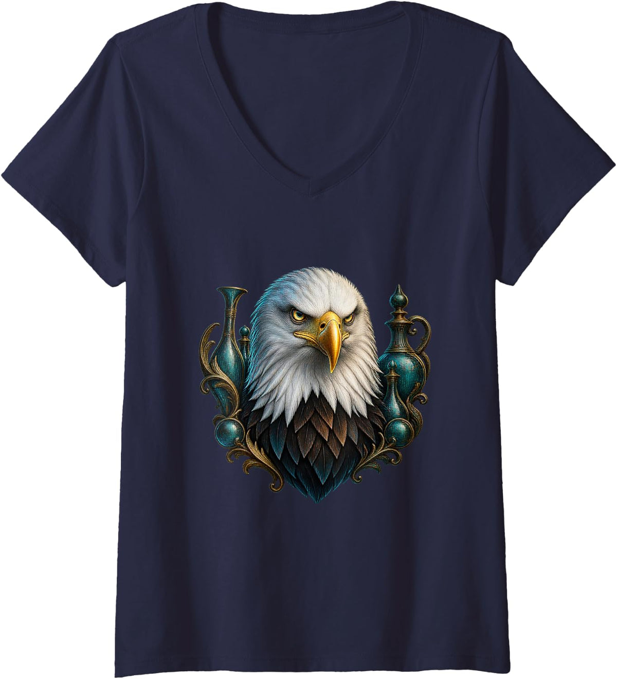 Women's Bald Eagle with Teal Curved Orbs V-Neck T-Shirt - Navy Blue