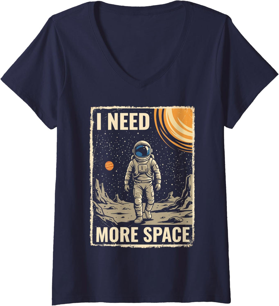 Women's Vintage Poster I Need More Space Astronaut in Space V-Neck T-Shirt - Navy Blue