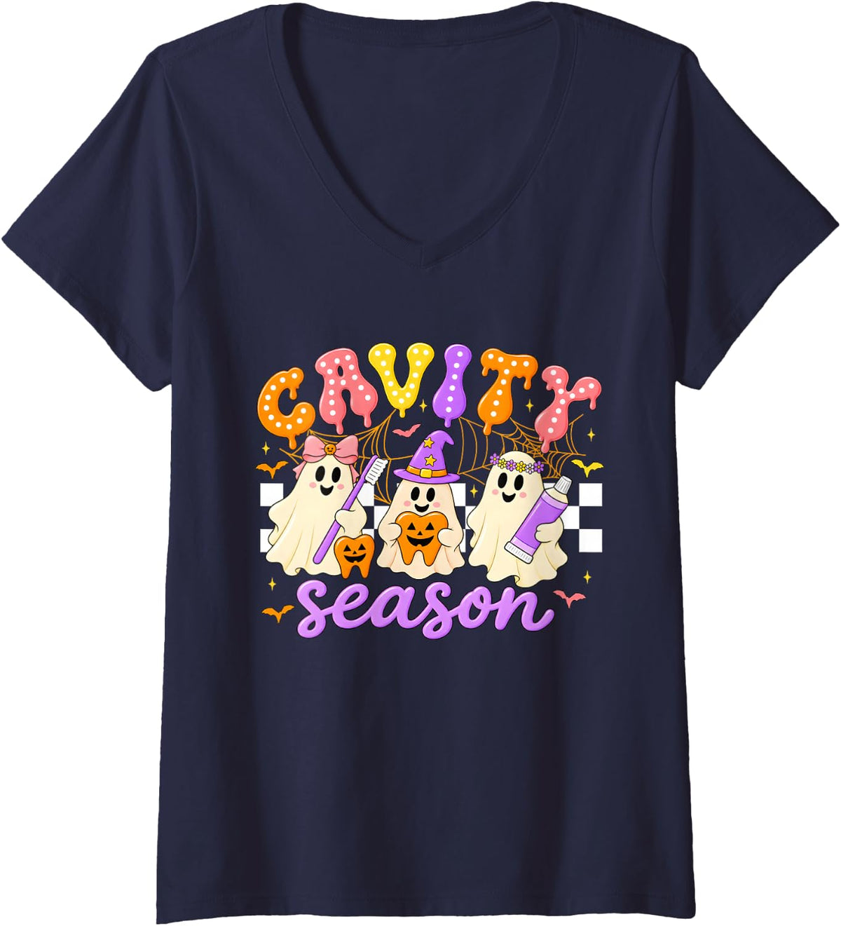 Women's Halloween Dentist Cavity Season Dental Women Men V-Neck T-Shirt - Navy Blue
