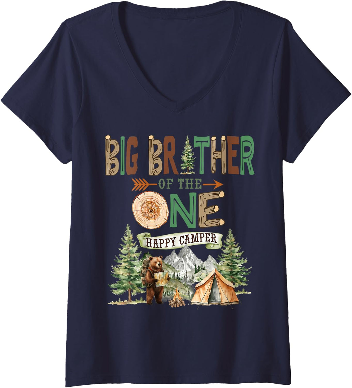 Women's Big Brother of The One Happy Camper 1st Birthday Camping V-Neck T-Shirt - Navy Blue