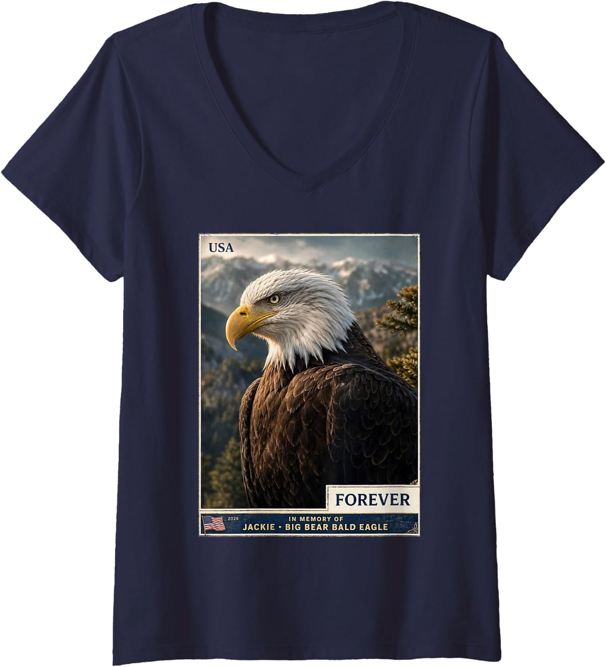 Women's Jackie Big Bear Bald Eagle Memorial V-Neck T-Shirt - Navy Blue