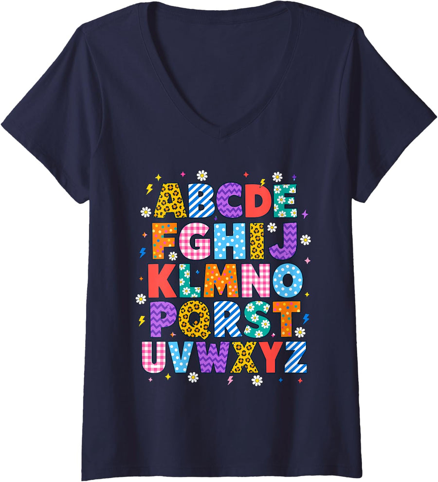 Women's ABC Alphabet Leopard Daisy Letters Teacher Preschool V-Neck T-Shirt - Navy Blue