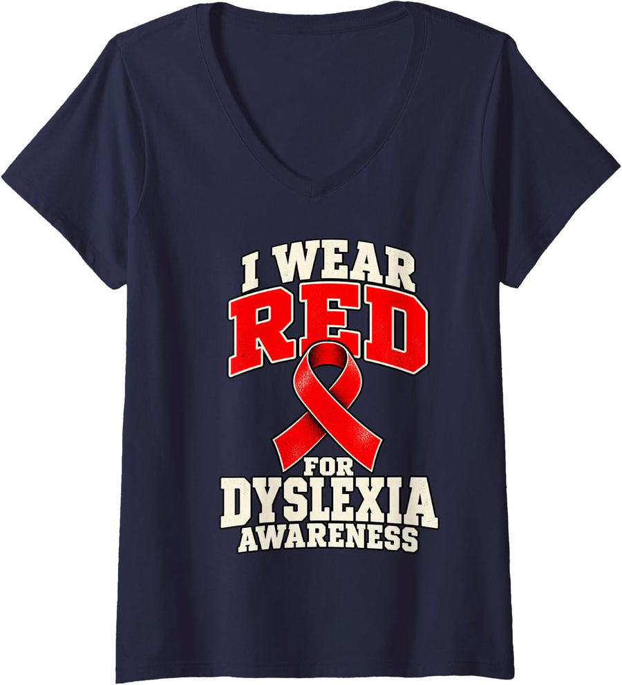 Women's I Wear Red for Dyslexia Awareness Month Support V-Neck T-Shirt - Navy Blue