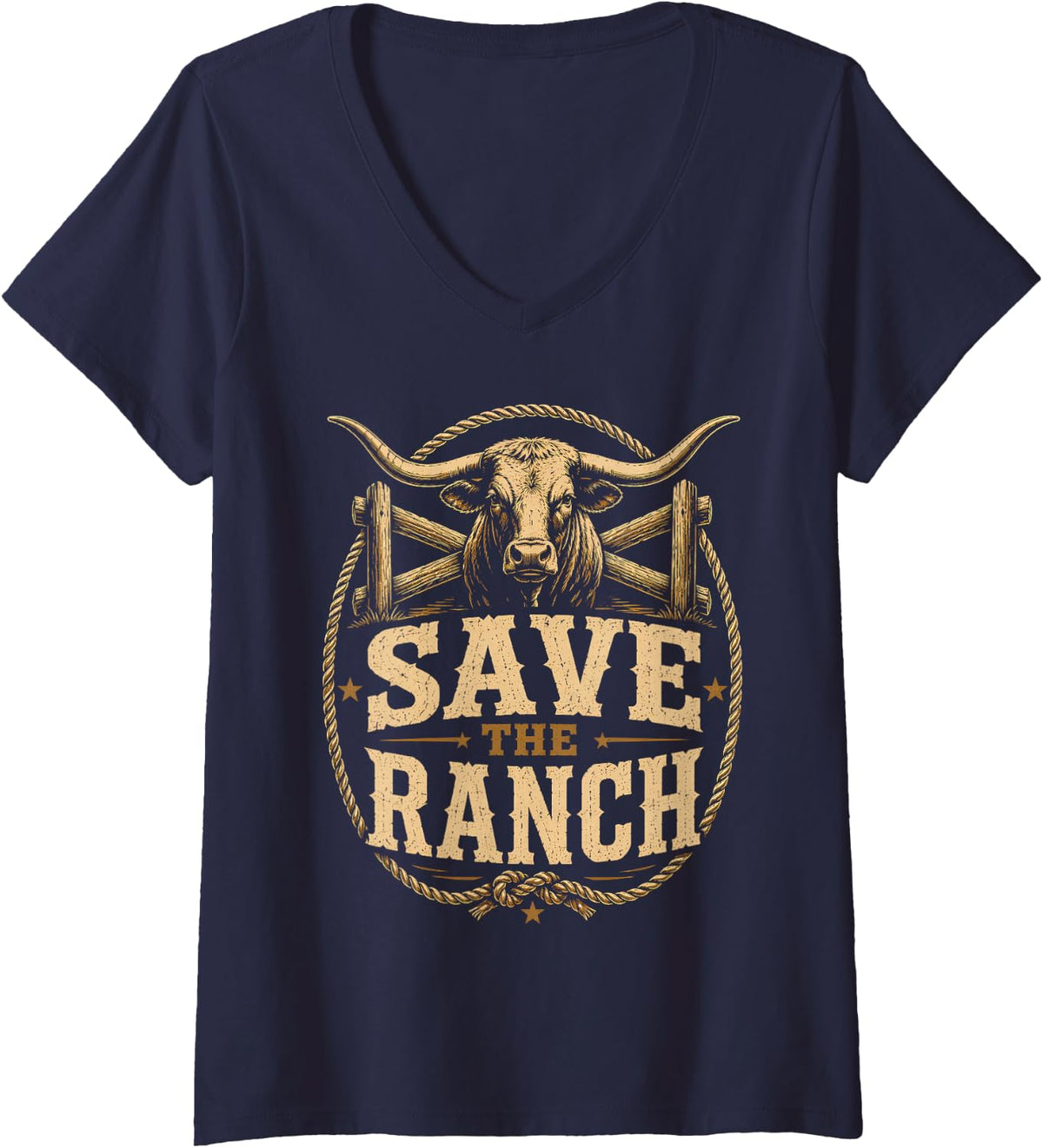 Women's Save The Ranch Longhorn Cattle Rancher Western Ranching V-Neck T-Shirt - Navy Blue