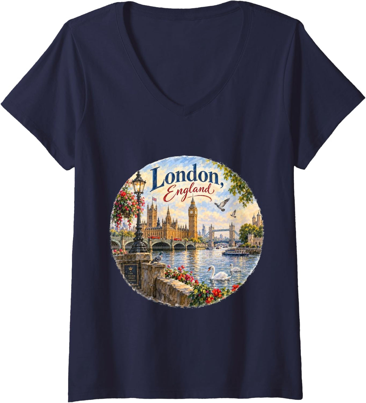 Women's London England, Europe, Big Ben, Bridge Castle V-Neck T-Shirt - Navy Blue