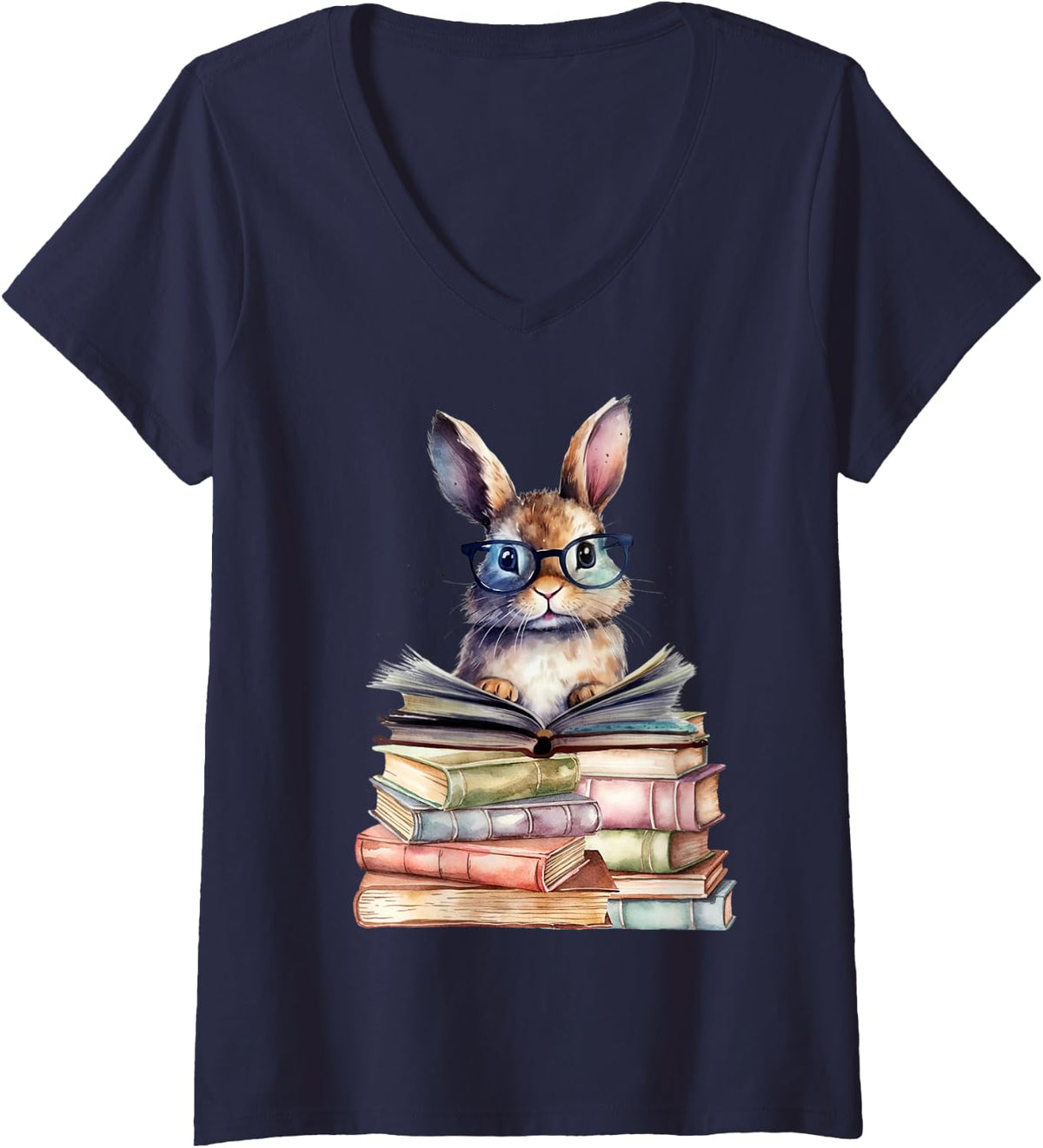 Women's Cute Reading Bunny With Glasses Books Bookworm Reader Book V-Neck T-Shirt - Navy Blue