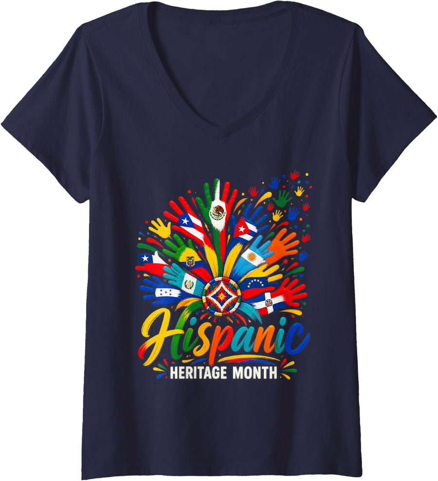 Women's Hispanic Heritage Month Flags Hands Latin Culture Pride V-Neck T-Shirt - Navy Blue