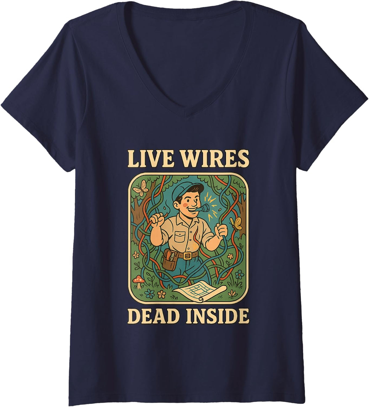 Women's Electrician Live Wires Dead Inside Funny Lineman V-Neck T-Shirt - Navy Blue
