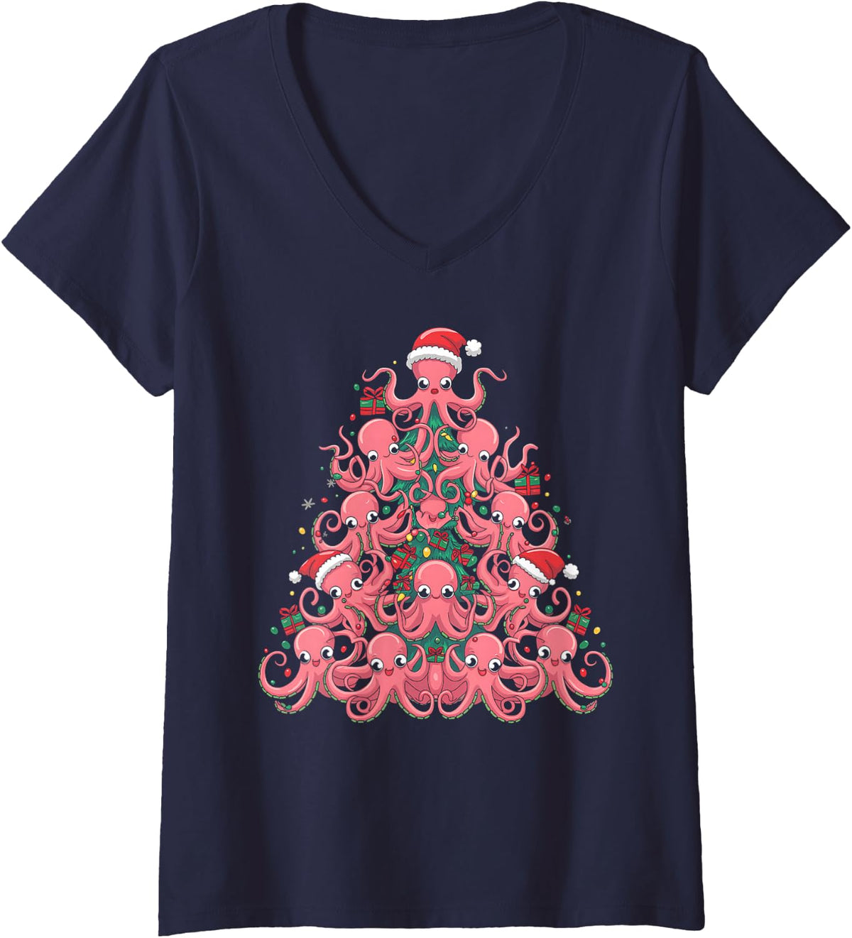 Women's Santa Hat Octopus Lovers Men Women Kids Christmas Tree V-Neck T-Shirt - Navy Blue