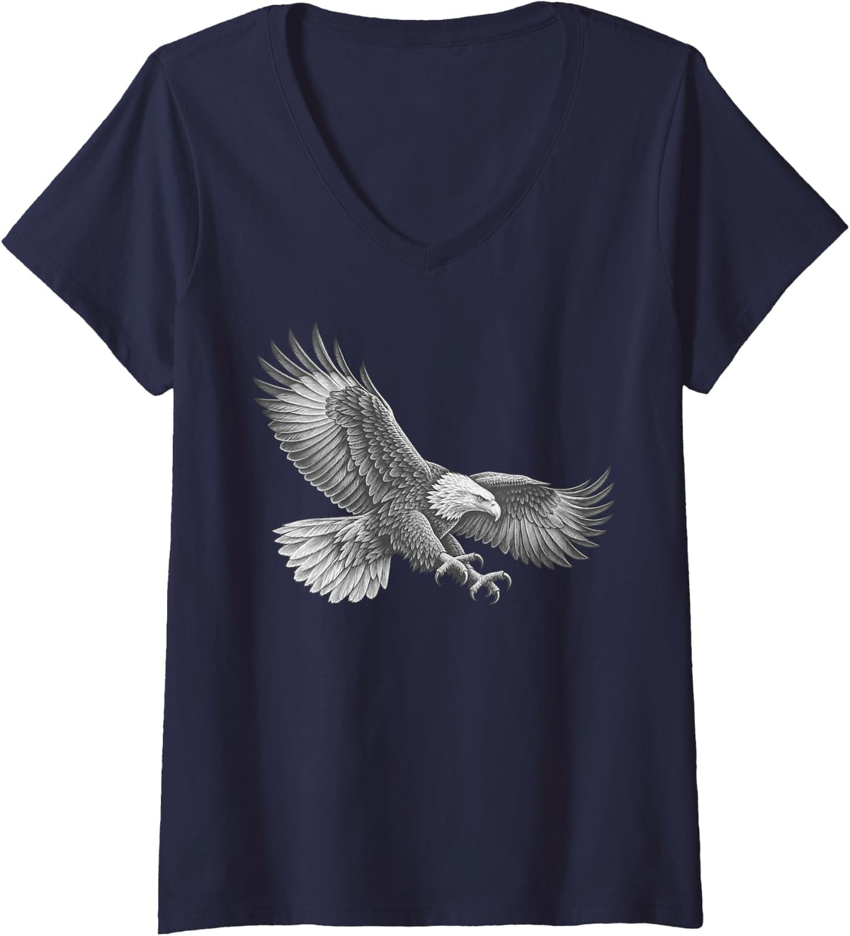 Women's Bald Eagle Diving Swoop Engraved Line Art V-Neck T-Shirt - Navy Blue